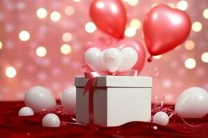 contento San Valentino giorno concetto con rosso regalo scatola e cuore sagomato palloncini romantico bandiera amore concetto di ai generato foto