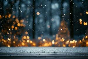 ai generato inverno serenità vuoto bianca neve mescolanza con un' sfocato Natale albero fondale ai generato foto