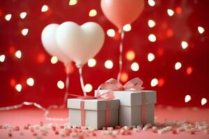 contento San Valentino giorno concetto con rosso regalo scatola e cuore sagomato palloncini romantico bandiera amore concetto di ai generato foto