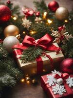 ai generato Natale albero con regali e Natale decorazioni foto
