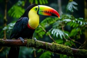 ai generato chiglia fatturato tucano arroccato su un' foresta ramo nel panama lussureggiante verdura ai generato foto