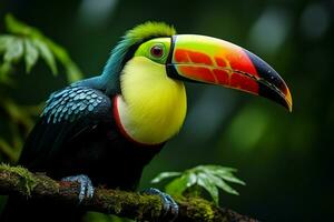 ai generato vivace chiglia fatturato tucano in mezzo panama ricco vegetazione un' travolgente natura scena ai generato foto