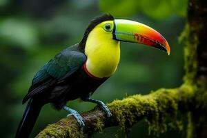 ai generato vivace chiglia fatturato tucano in mezzo panama ricco vegetazione un' travolgente natura scena ai generato foto