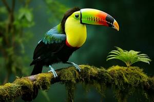 ai generato vivace chiglia fatturato tucano in mezzo panama ricco vegetazione un' travolgente natura scena ai generato foto