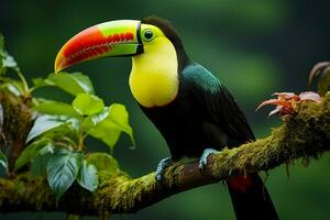 ai generato vivace chiglia fatturato tucano in mezzo panama ricco vegetazione un' travolgente natura scena ai generato foto