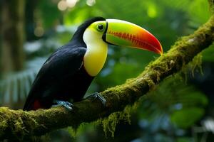 ai generato vivace chiglia fatturato tucano in mezzo panama ricco vegetazione un' travolgente natura scena ai generato foto