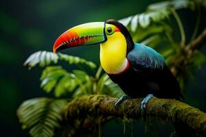 ai generato vivace chiglia fatturato tucano in mezzo panama ricco vegetazione un' travolgente natura scena ai generato foto