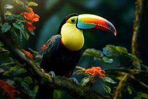 ai generato vivace chiglia fatturato tucano in mezzo panama ricco vegetazione un' travolgente natura scena ai generato foto