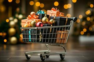 ai generato trolly shopping carrello realistico nero Natale i regali ornato con oro nastri per un' nero Venerdì vendita ai generato foto