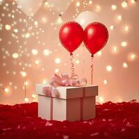 contento San Valentino giorno concetto con rosso regalo scatola e cuore sagomato palloncini romantico bandiera amore concetto di ai generato foto