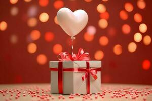 contento San Valentino giorno concetto con rosso regalo scatola e cuore sagomato palloncini romantico bandiera amore concetto di ai generato foto