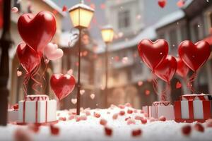 contento San Valentino giorno concetto con rosso regalo scatola e cuore sagomato palloncini romantico bandiera amore concetto di ai generato foto