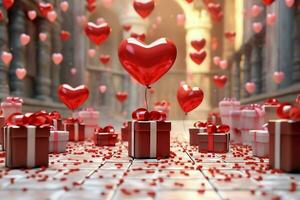 contento San Valentino giorno concetto con rosso regalo scatola e cuore sagomato palloncini romantico bandiera amore concetto di ai generato foto