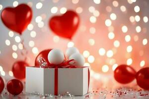 contento San Valentino giorno concetto con rosso regalo scatola e cuore sagomato palloncini romantico bandiera amore concetto di ai generato foto