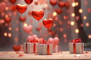 contento San Valentino giorno concetto con rosso regalo scatola e cuore sagomato palloncini romantico bandiera amore concetto di ai generato foto