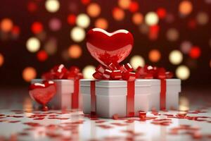 contento San Valentino giorno concetto con rosso regalo scatola e cuore sagomato palloncini romantico bandiera amore concetto di ai generato foto