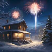 ai generato fuochi d'artificio nel il cielo con Casa coperto con neve inverno sfondo foto
