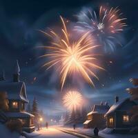 ai generato fuochi d'artificio nel il cielo con inverno villaggio sfondo foto