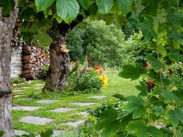 un' pietra sentiero principale per un' Casa con un' giardino foto