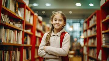 ai generato 10 anno vecchio ragazza alunno nel un' leggero maglione sta nel un' libreria tra il scaffali con libri. indietro per scuola concetto. foto