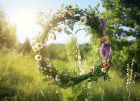 ai generato rustico fiori selvatici ghirlanda su un' soleggiato prato. estate solstizio giorno, mezza estate concetto. generativo ai foto