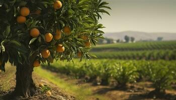 ai generato un arancia albero è nel il primo piano con un' azienda agricola campo sfondo. generativo ai foto