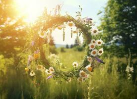 ai generato rustico fiori selvatici ghirlanda su un' soleggiato prato. estate solstizio giorno, mezza estate concetto. generativo ai foto