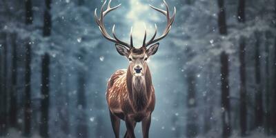 ai generato nobile cervo maschio nel il inverno neve foresta. artistico inverno Natale paesaggio. ai generato foto