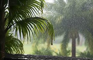 ai generato pioggia nel il tropici durante il Basso stagione o monsone stagione. gocce di pioggia nel un' giardino. generativo ai foto