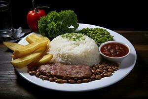 ai generato Riso, fagioli, francese patatine fritte, e carne. generativo ai foto