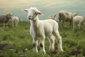 ai generato bianca agnello nel un' campo nel davanti di altro animali. generativo ai foto