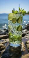 ai generato sbalorditivo foto di cocktail Mojito, un' soleggiato estate spiaggia nel il sfondo. generativo ai