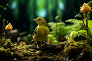ai generato vivace giallo uccello nel lussureggiante verde giungla foto