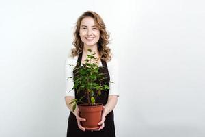 carino, bello, sorridente giovane donna in grembiule con vaso di fiori isolato su sfondo bianco foto