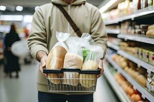 ai generato uomo Tenere shopping cestino con pane e latte drogheria nel supermercato. ai generato foto