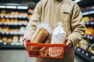 ai generato uomo Tenere shopping cestino con pane e latte drogheria nel supermercato. ai generato foto