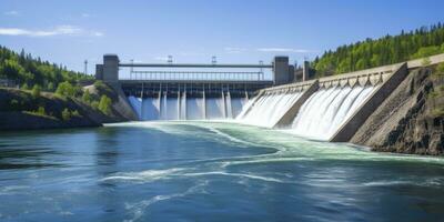 ai generato idroelettrico diga generando verde energia a partire dal fluente acqua. ai generato. foto