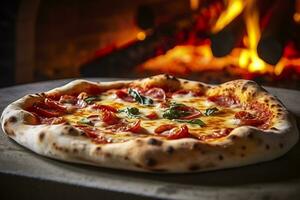 ai generato appena al forno Pizza avvicinamento, tradizionale legna licenziato forno sfondo. ai generato foto