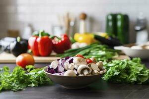 ai generato per cucinando, fresco la verdura, verde insalata, peperoni, funghi, e melanzana. ai generato foto