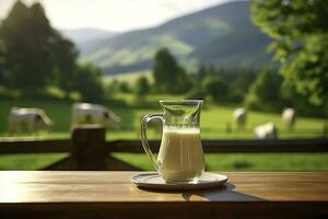 ai generato bicchiere brocca con fresco latte su un' di legno tavolo. ai generato foto