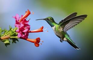 ai generato colibrì uccello volante Il prossimo per un' bellissimo rosso fiore con pioggia. ai generato foto