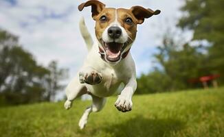 ai generato Jack russel parroco cane correre verso il telecamera Basso angolo alto velocità sparo. ai generato foto