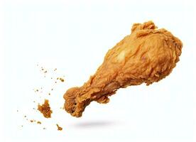 ai generato fritte pollo gamba caduta nel il aria isolato su un' bianca sfondo. ai generato. foto