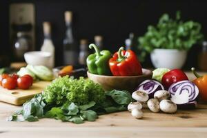 ai generato per cucinando, fresco la verdura, verde insalata, peperoni, funghi, e melanzana. ai generato foto