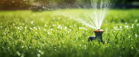 ai generato automatico giardino prato spruzzatore nel azione irrigazione erba. ai generato foto