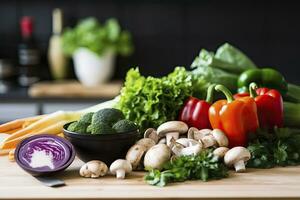 ai generato per cucinando, fresco la verdura, verde insalata, peperoni, funghi, e melanzana. ai generato foto