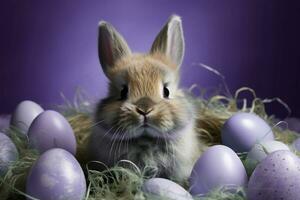 ai generato Pasqua coniglietto coniglio con blu dipinto uova. contento Pasqua concetto congratulazione carta foto