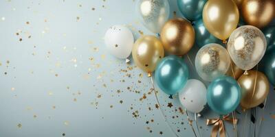 ai generato compleanno festa blu e oro composizione con palloncini e coriandoli, concetto per carta regalo con copia spazio, leggero sfondo foto