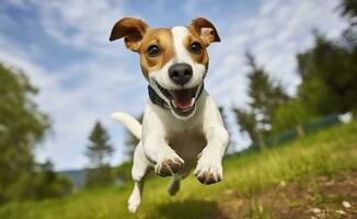 ai generato Jack russel parroco cane correre verso il telecamera Basso angolo alto velocità sparo. ai generato foto