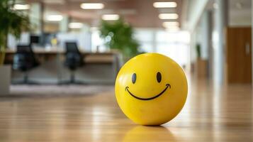 ai generato un' giallo sorridente palla può promuovere un' positivo opera ambiente. generativo ai foto
